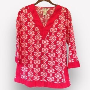 🇪🇸🥑Caribbean Joe tunic top 100% cotton hot pink white v neck side slits